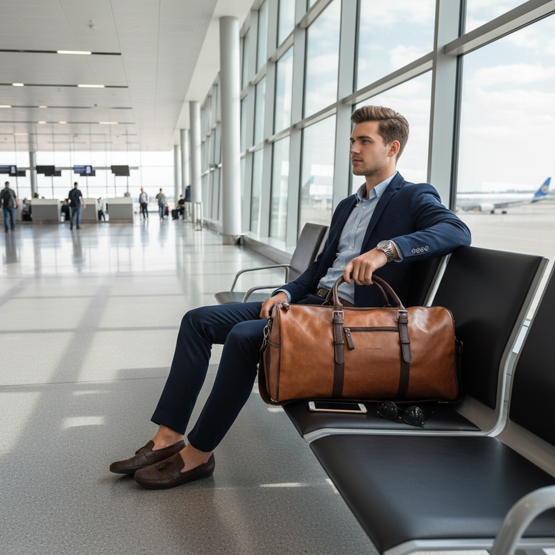 Ledertasche und Reiseaccessoires auf Hotelbett für Vielreisende.