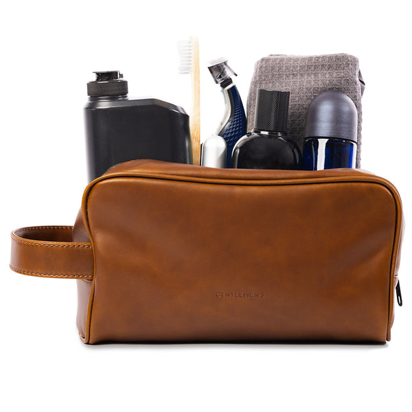 BAGWEN Kulturtasche Für Herren – Wasserfest, PU-Leder, Mittelgroß (24x16x14 Cm), Beige